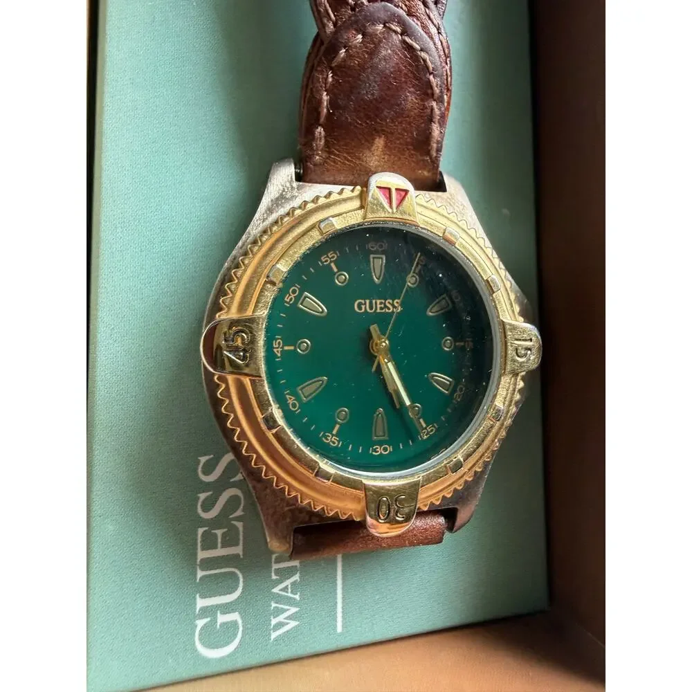 Vintage Guess Quartz Green Face Watch Braided Leather Band In Box